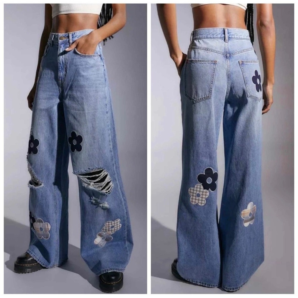 BDG Urban Outfitters Baggy Skater Wide Leg Jeans Distressed Flower Patches 27